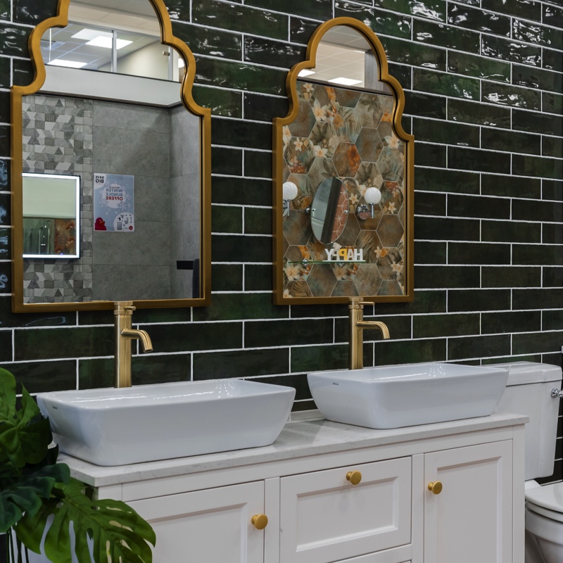Bathshack sink and mirror|Bathshack brass finishes|Bathshack green tiles