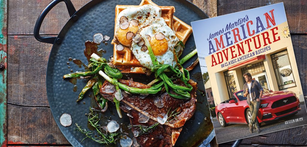 James Martin’s American Adventure: Cookery - April 2018 - Issue 274|Cookery - T-Bone Steak & Potato Waffles - Issue 274|Cookery - Clam Rolls & Boston Baked Beans|Cookery - Creole-Style Shrimp - Issue 274|Cookery - Blueberry Cruffins - Issue 274|Cookery - Bourbon Pecan Tart - Issue 274
